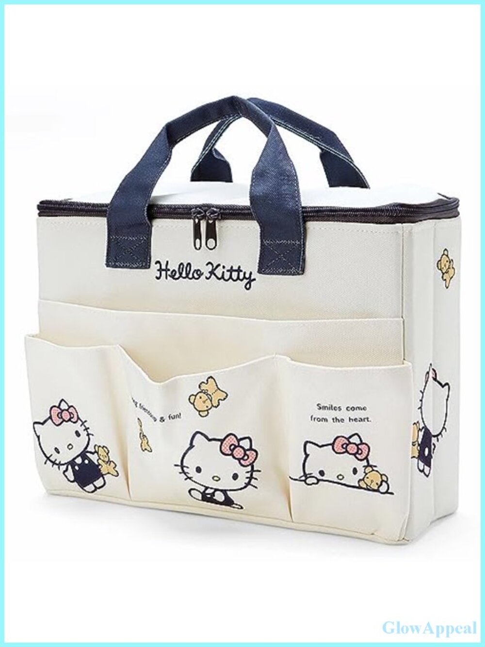 Cute Canvas Tote Bag with Top Zipper, 4 Pockets, Lightweight Oxford Cloth